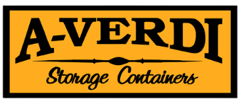 A-Verdi Storage Containers logo. The design features bold black text on an orange rectangular background. “A-VERDI” is displayed in large uppercase block letters above a stylized horizontal black line with decorative ends. Below the line, the words “Storage Containers” are written in a black script font.